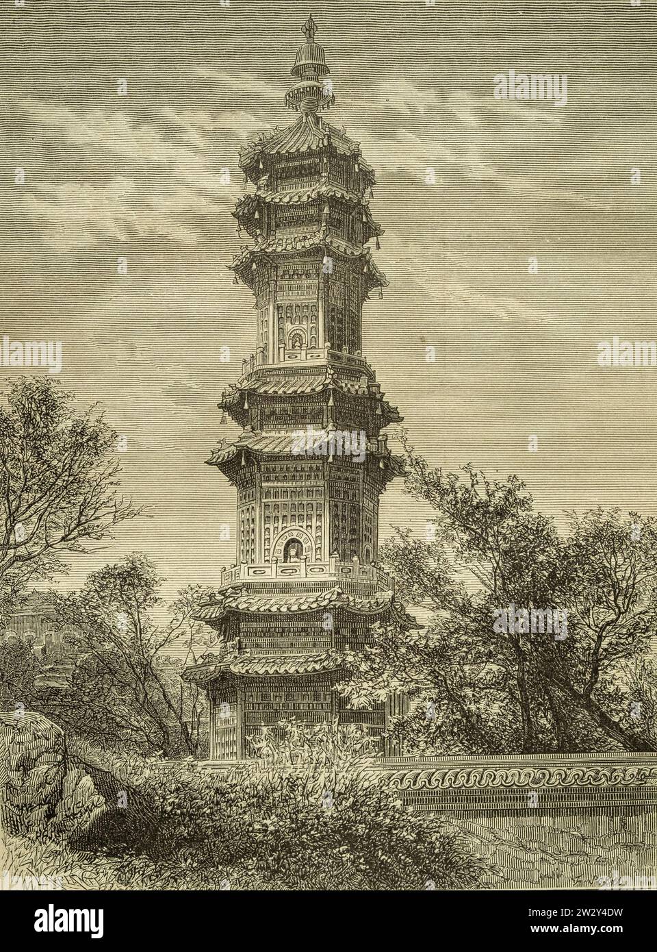 Duobao glasierte Pagode im Sommerpalast von Peking, China. Ein Holzschnitt aus dem Jahr 1876. Stockfoto
