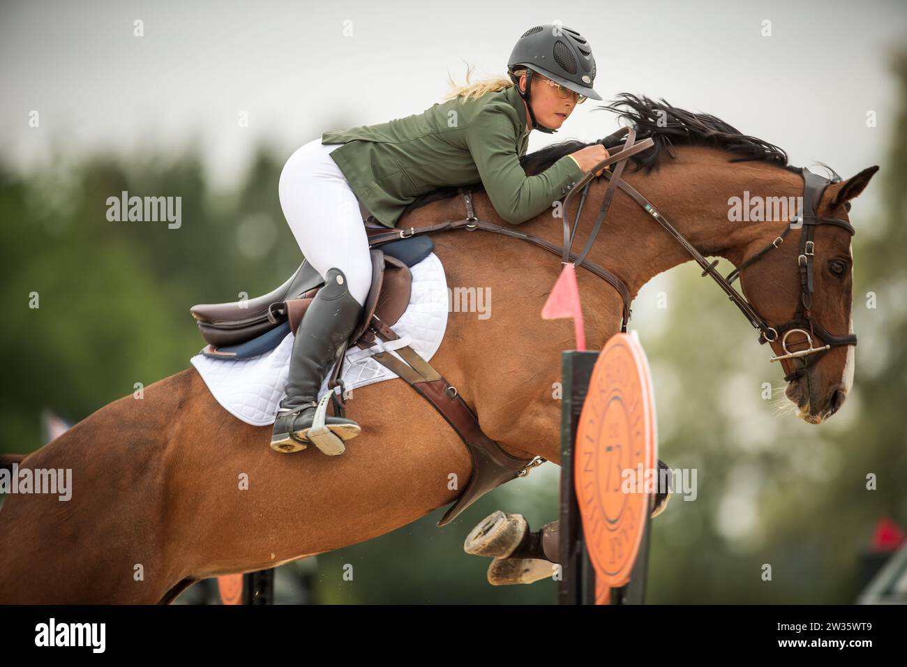 Jaydan Stettner aus Kanada tritt 2023 bei der Canadian Premier Horse Show im Thunderbird Show Park in Langley an. Stockfoto