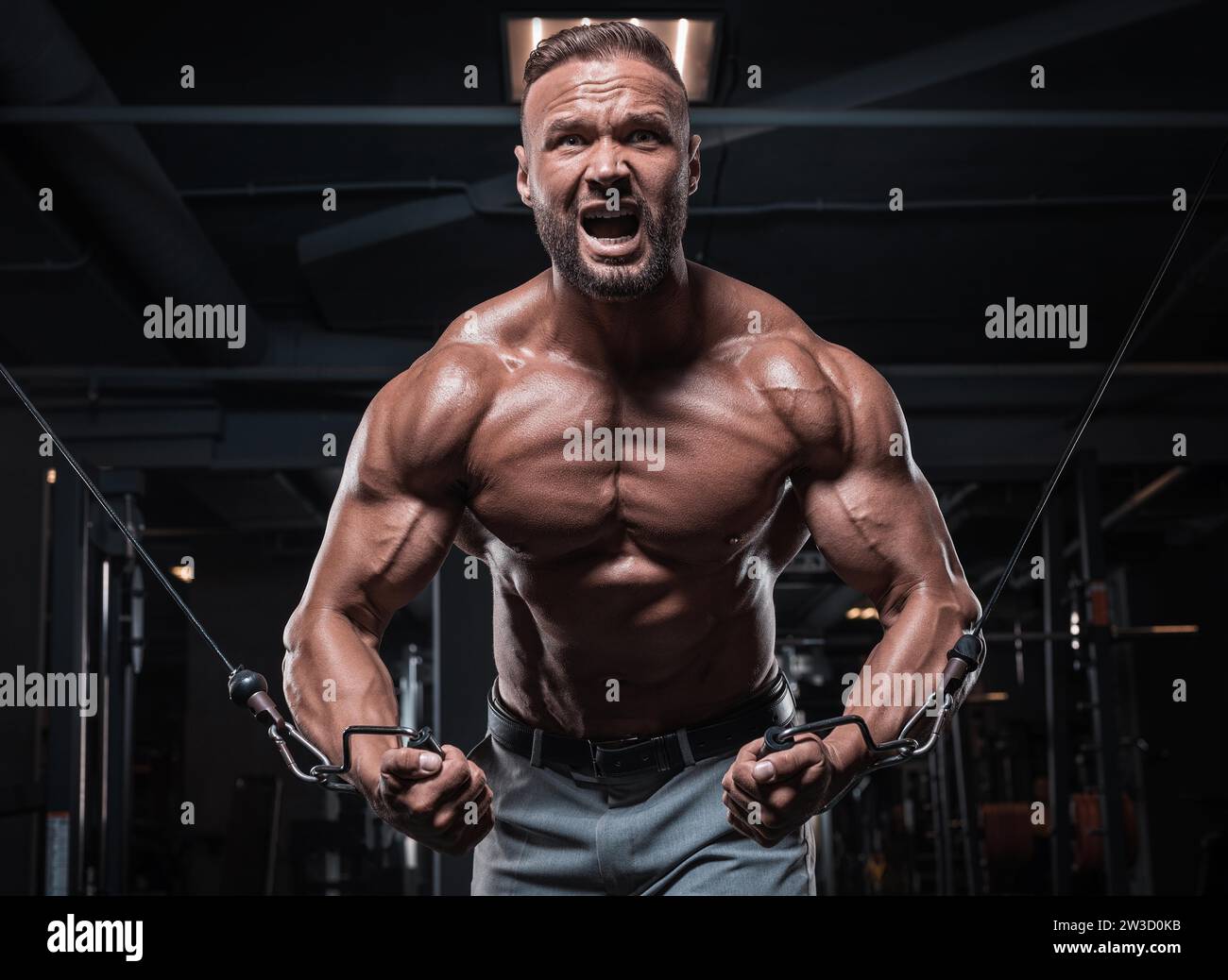 Stilvoller Mann, der im Fitnessstudio trainieren kann. Business- und Bodybuilding-Konzept. Sportliche Aktivitäten. Gemischte Medien Stockfoto