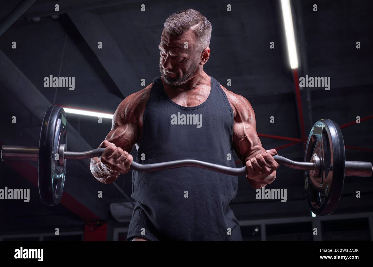Bild eines starken Athleten, der eine Langhantel in einem Fitnessstudio hebt. Bizepspumpen. Fitness- und Bodybuilding-Konzept Stockfoto
