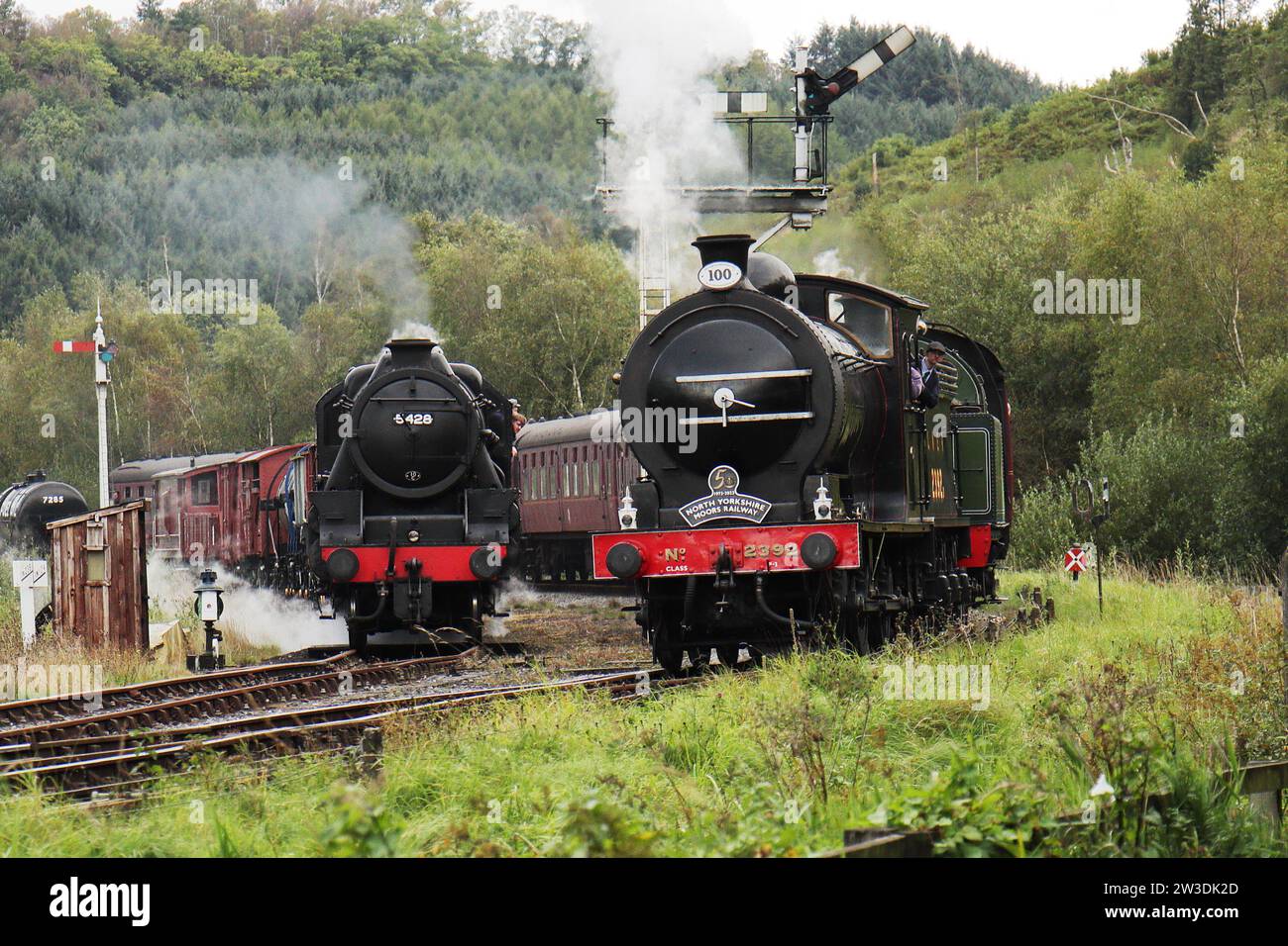 North Yorkshire Moors Railway, 50th Anniversary Steam Gala, 2023 – Lokomotiven 5428 Eric Treacy und Nummer 2392 in Levisham Stockfoto