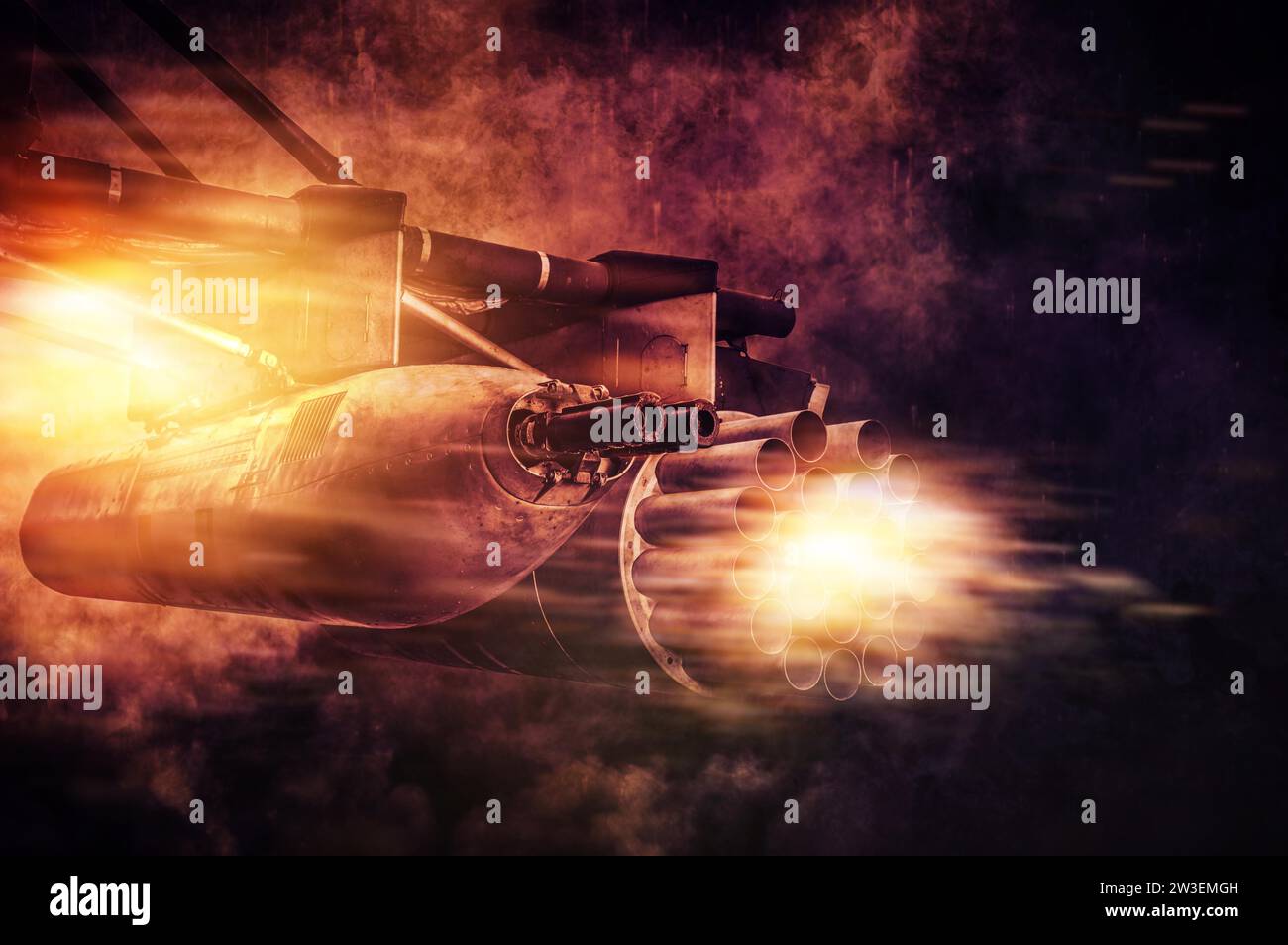 Bild eines feuernden Maschinengewehrs an einem Kampfhubschrauber. Militärisches Aktionskonzept. Krieg und politische Instabilität. Battlefield-STYLE. Ein hoch Stockfoto