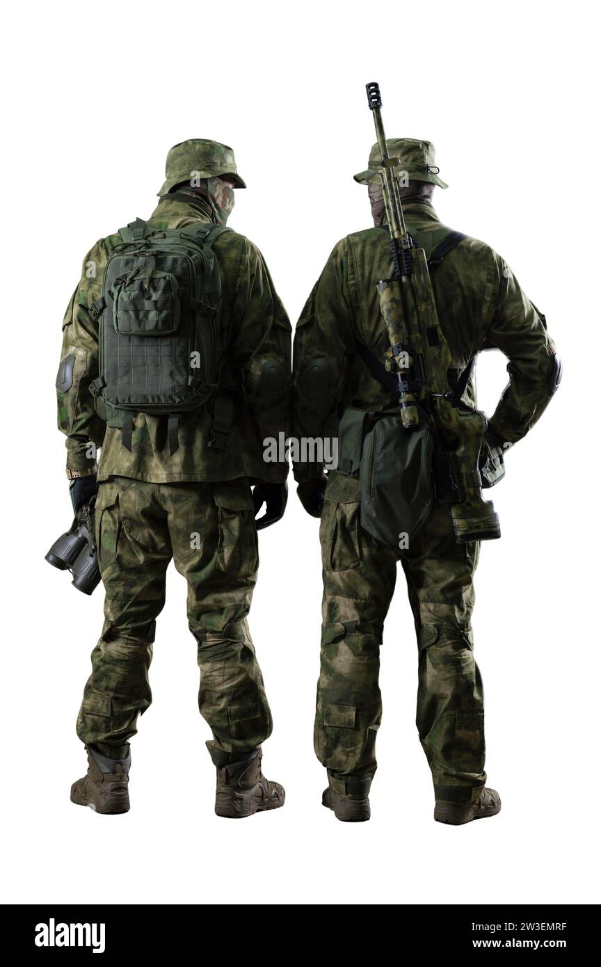 Zwei Soldaten einer Spezialeinheit sind in voller Munition. Gemischte Medien Stockfoto