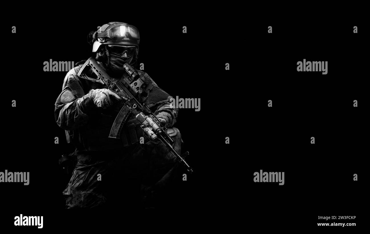 Porträt eines Soldaten der Spezialkräfte. Das Konzept der militärischen Einheiten. Computerspiele. Gemischte Medien Stockfoto