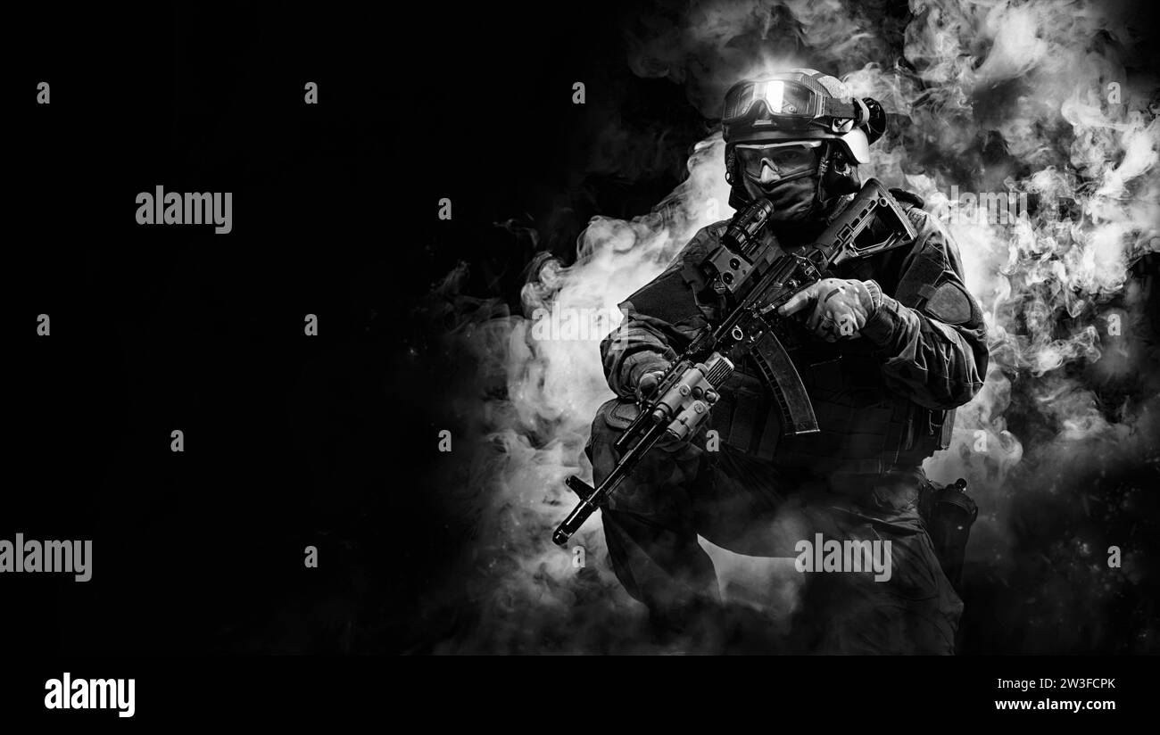 Porträt eines Soldaten der Spezialkräfte. Das Konzept der militärischen Einheiten. Computerspiele. Gemischte Medien Stockfoto