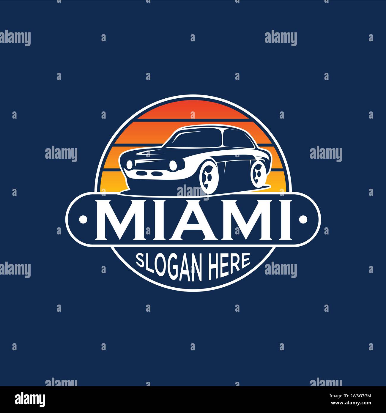 Miami Florida City Retro Car Lease oder Old Car Service Emblem Design. Vektorabbildung Stock Vektor