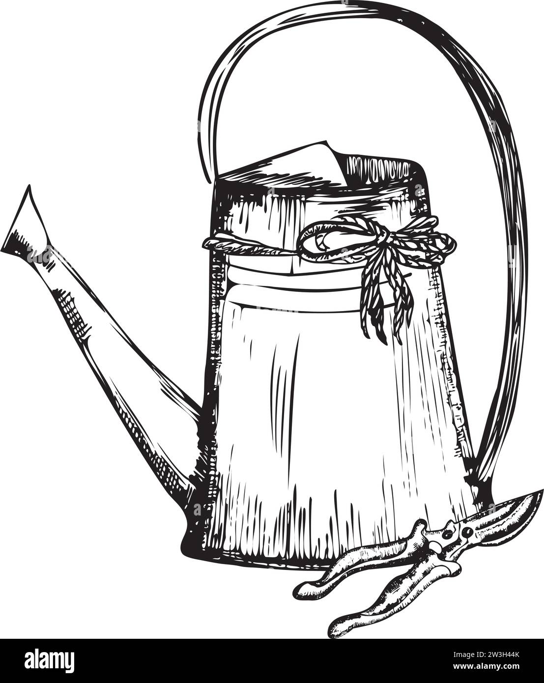 Handgezeichnete Tintendarstellung. Gießkanne mit Gartenschere. Vektorabbildung Stock Vektor