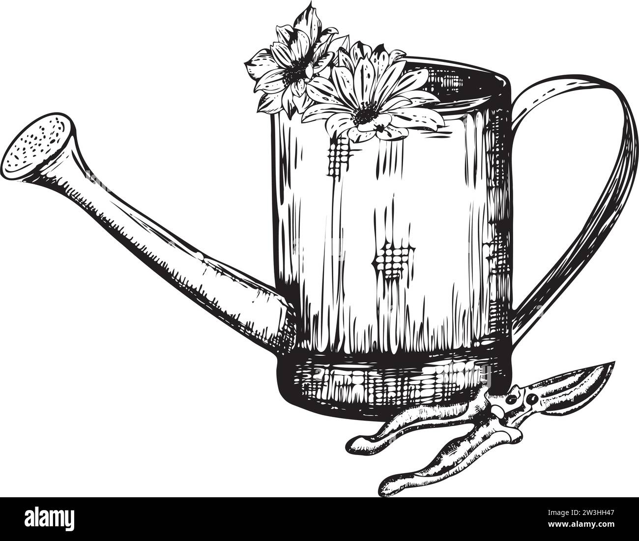 Handgezeichnete Tintendarstellung. Gießkanne mit Gartenschere. Vektorabbildung Stock Vektor