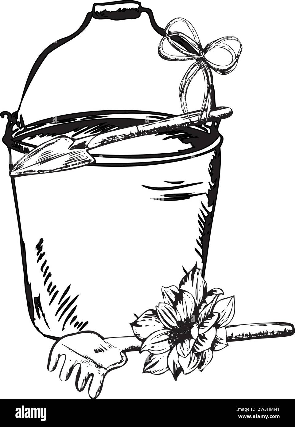 Handgezeichnete Tintendarstellung. Ein Eimer mit Gartenrechen und Kelle mit einer Blume. Vektorabbildung Stock Vektor