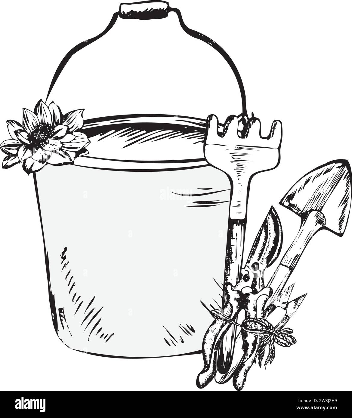 Handgezeichnete Tintendarstellung. Ein Eimer mit Gartenrechen und Kelle mit einer Blume. Vektorabbildung Stock Vektor