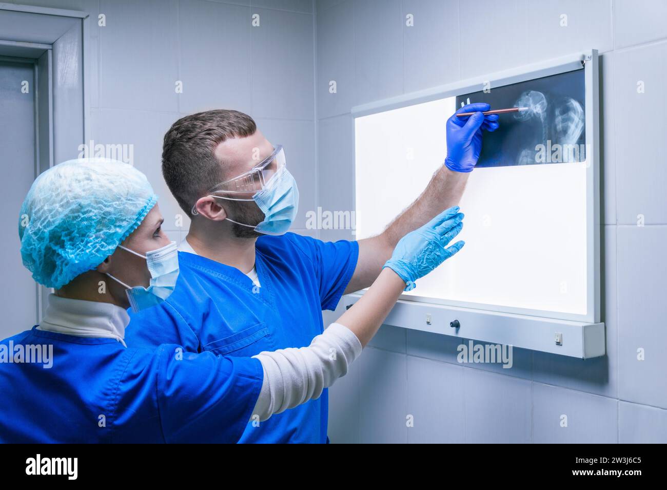 Zwei Ärzte untersuchen ein Röntgenbild. Radiologie. Medizinisches Konzept. Gemischte Medien Stockfoto