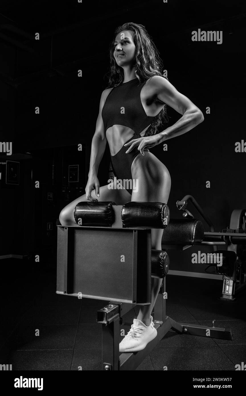 Entzückende Brünette posiert im Trainingsgerät im Fitnessstudio. Fitness- und Bodybuilding-Konzept. Gemischte Medien Stockfoto