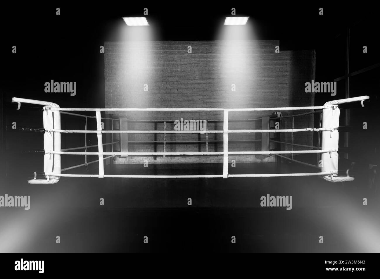 Boxring. Das Konzept des Sports, der Turnhallen. Vorderansicht. Gemischte Medien Stockfoto