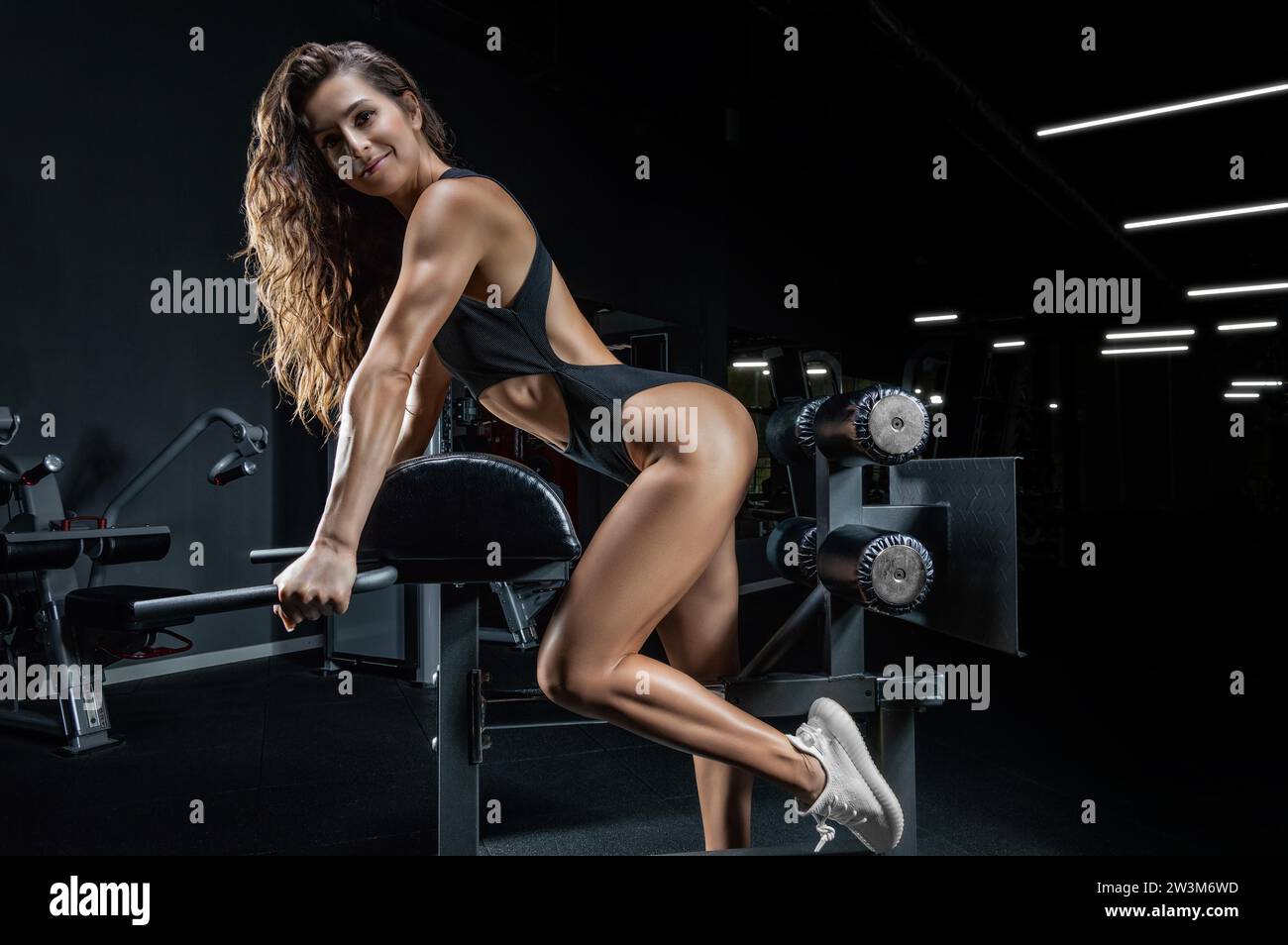 Charmante Brünette, die Hyperextension im Fitnessstudio macht. Rückpumpen. Seitenansicht. Fitness- und Bodybuilding-Konzept. Gemischte Medien Stockfoto