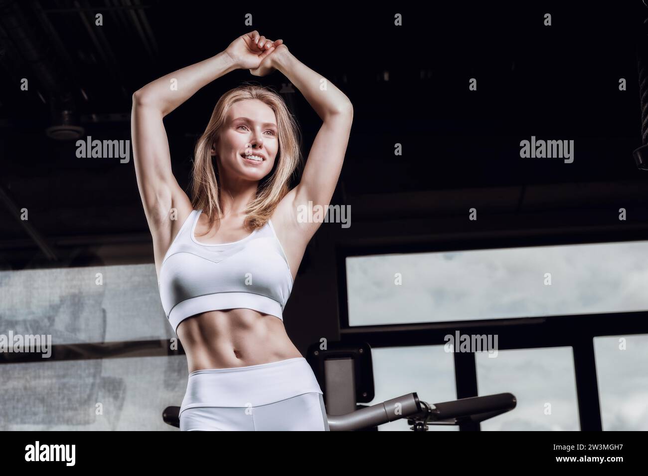 Charmante junge Sportlerin posiert im Fitnessstudio. Bodybuilding-Konzept. Sport. Gewichtheben. Gemischte Medien Stockfoto
