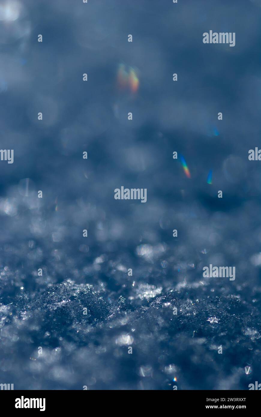 Glänzende Schneekristalle, Schneeflocken in einer Makroaufnahme mit minimaler Schärfentiefe, in einigen Schneekristallen bricht das Licht in Regenbogenfarben, Licht Stockfoto
