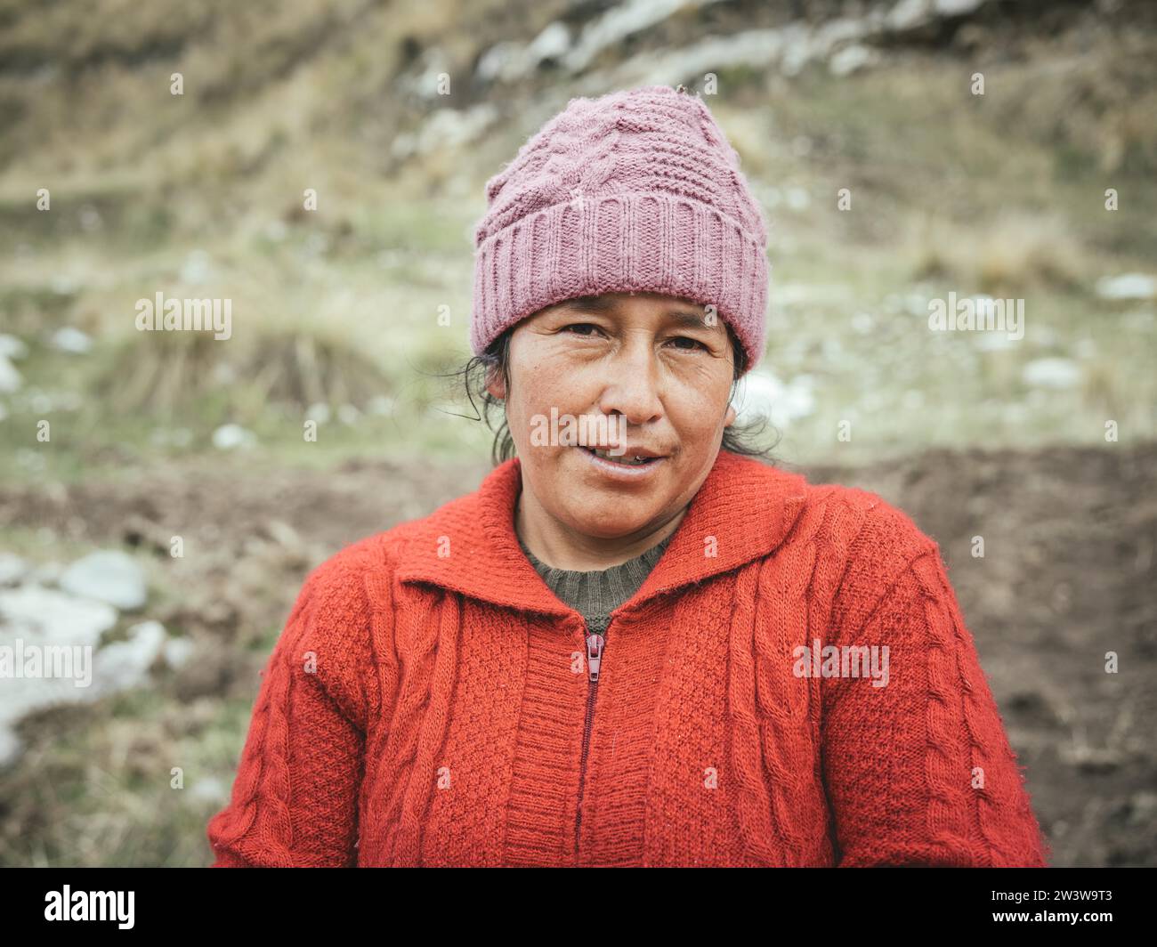Bauernfrau auf einem Feld, Andenhochland, La Oroya, Peru, Südamerika Stockfoto