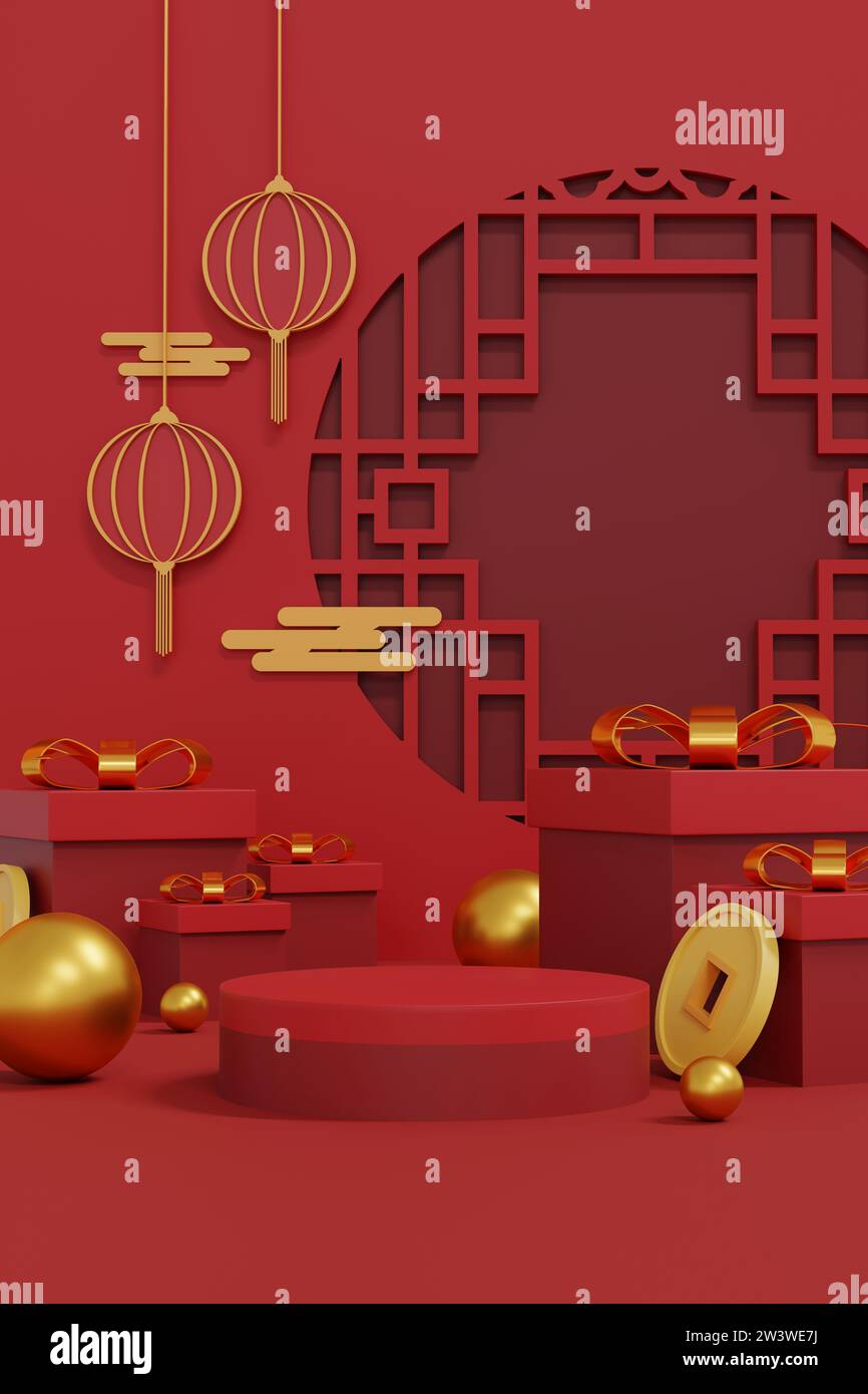 Heben Sie die Designs mit dem roten und goldenen Charme des Jahres des Drachen auf, der Wohlstand und kulturellen Reichtum symbolisiert. Luxuriöse 3D-Illustrationen für festliche gre Stockfoto