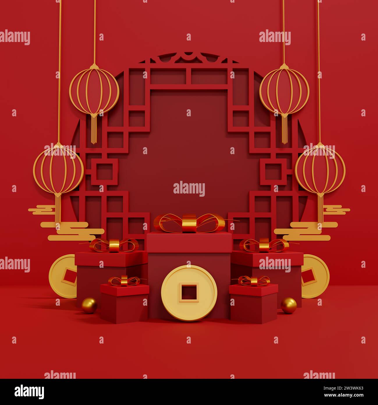 Heben Sie die Designs mit dem roten und goldenen Charme des Jahres des Drachen auf, der Wohlstand und kulturellen Reichtum symbolisiert. Luxuriöse 3D-Illustrationen für festliche gre Stockfoto