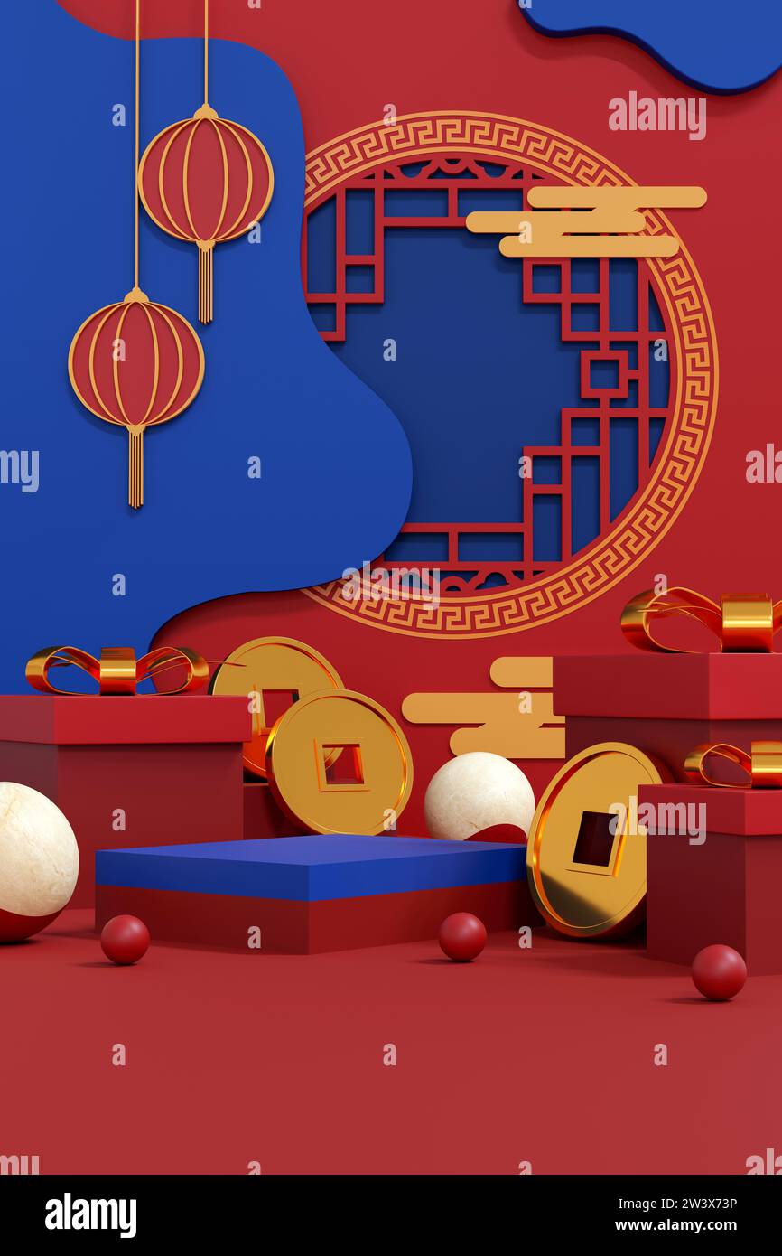 Heben Sie die Designs mit dem roten und goldenen Charme des Jahres des Drachen auf, der Wohlstand und kulturellen Reichtum symbolisiert. Luxuriöse 3D-Illustrationen für festliche gre Stockfoto