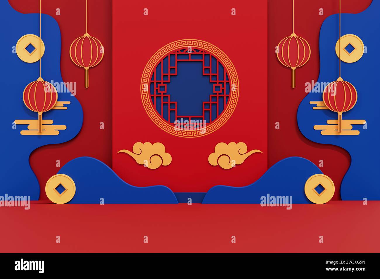 Heben Sie die Designs mit dem roten und goldenen Charme des Jahres des Drachen auf, der Wohlstand und kulturellen Reichtum symbolisiert. Luxuriöse 3D-Illustrationen für festliche gre Stockfoto