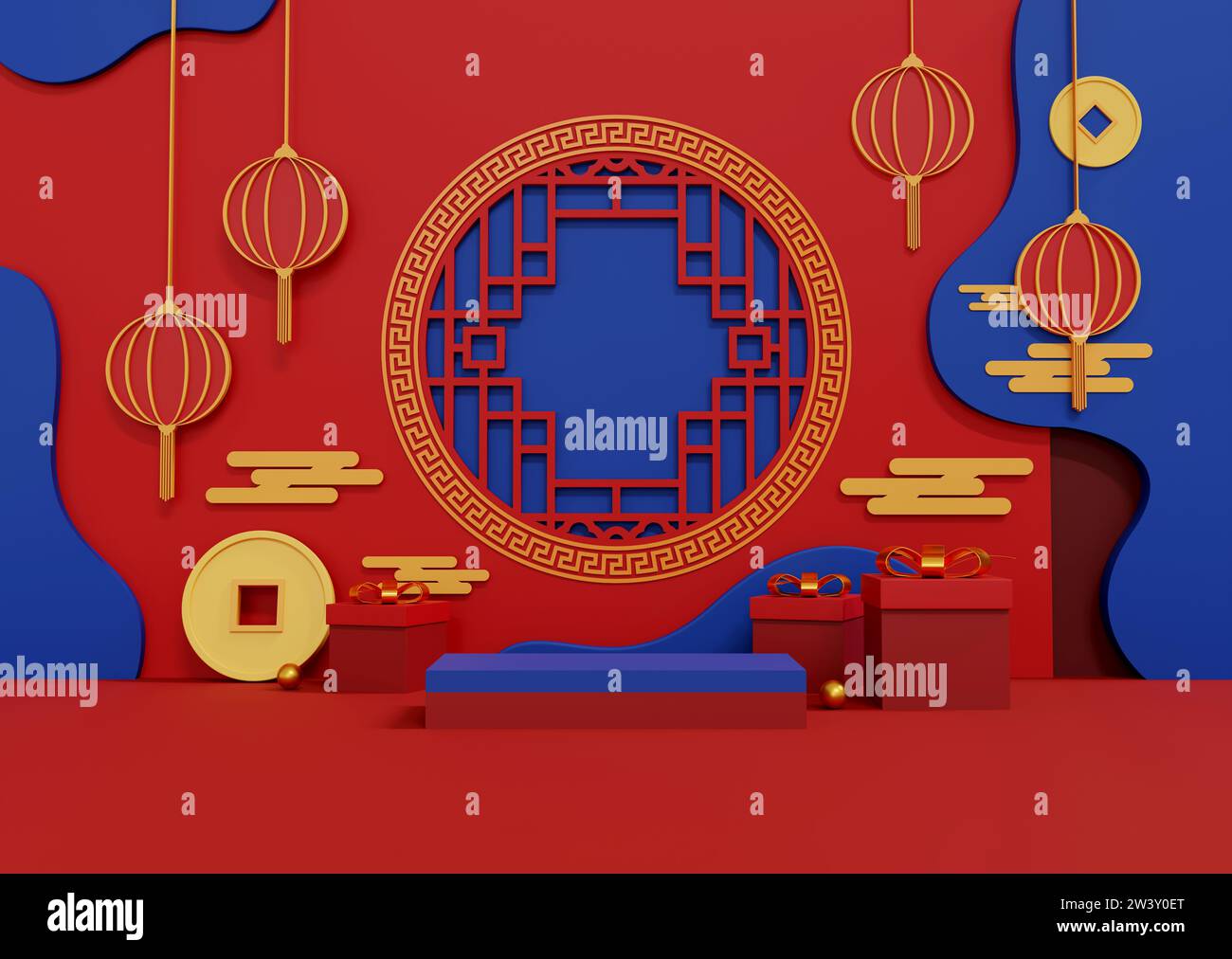 Heben Sie die Designs mit dem roten und goldenen Charme des Jahres des Drachen auf, der Wohlstand und kulturellen Reichtum symbolisiert. Luxuriöse 3D-Illustrationen für festliche gre Stockfoto