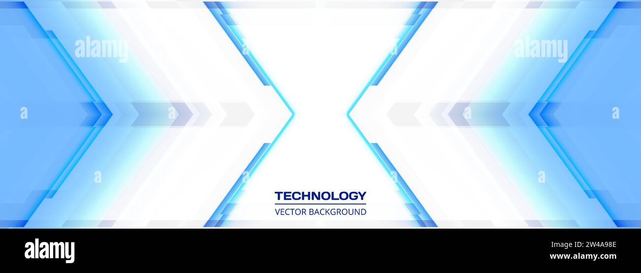 Technischer 3D-weißer und blauer breiter abstrakter Hintergrund mit Technologiepfeilen. Digitales High-Tech abstraktes geometrisches modernes futuristisches Design für Gaming-Banner Stock Vektor
