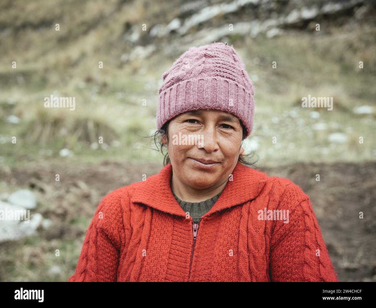Bauernfrau auf einem Feld, Andenhochland, La Oroya, Peru, Südamerika Stockfoto