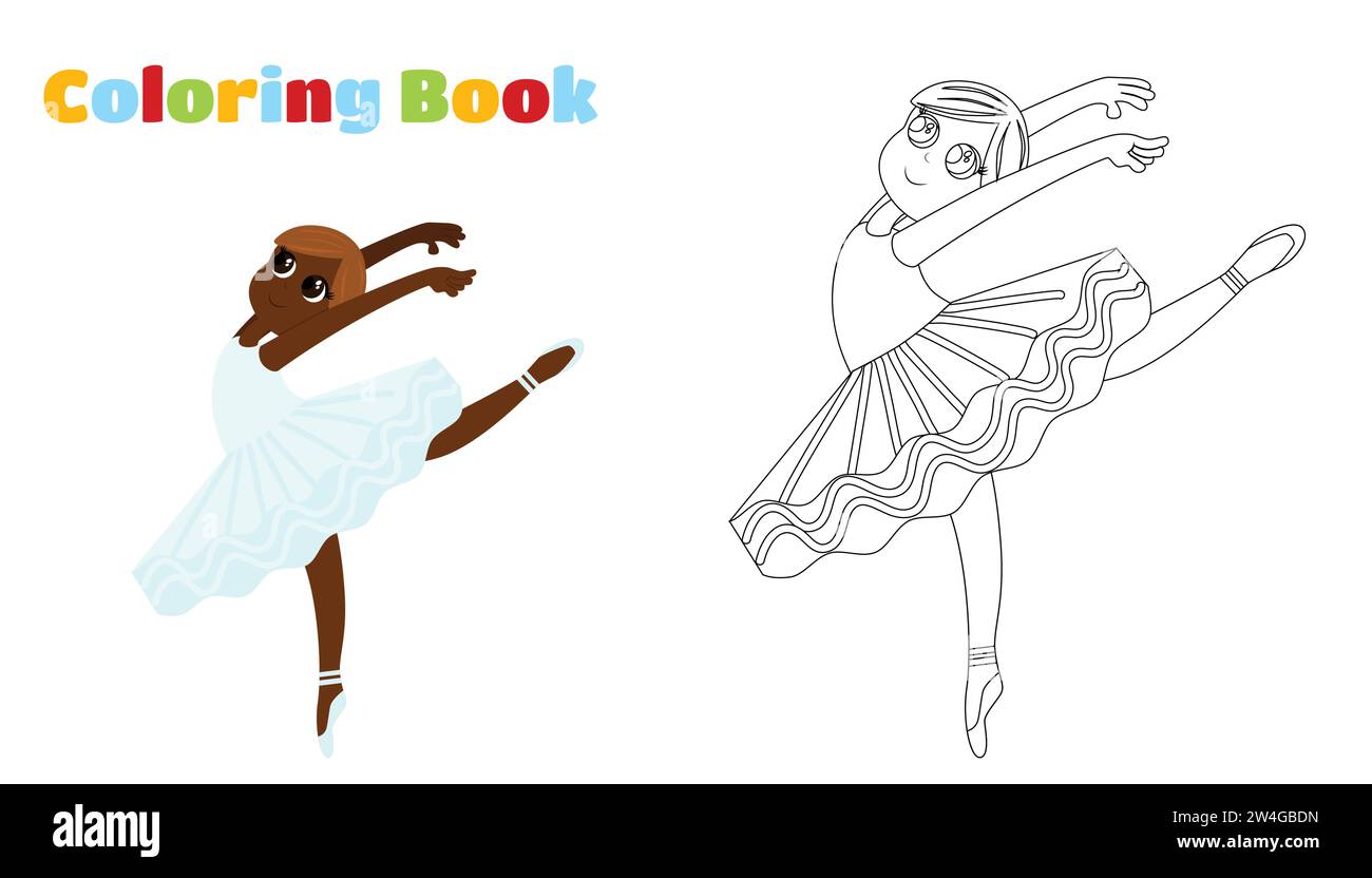 Ausmalseite. Ein Ballerina-Mädchen in einem Ballett-Tutu tanzt leicht und anmutig mit zurückgeworfenen Armen und hochgezogenem Bein. Sie ist Tänzerin und ich Stock Vektor