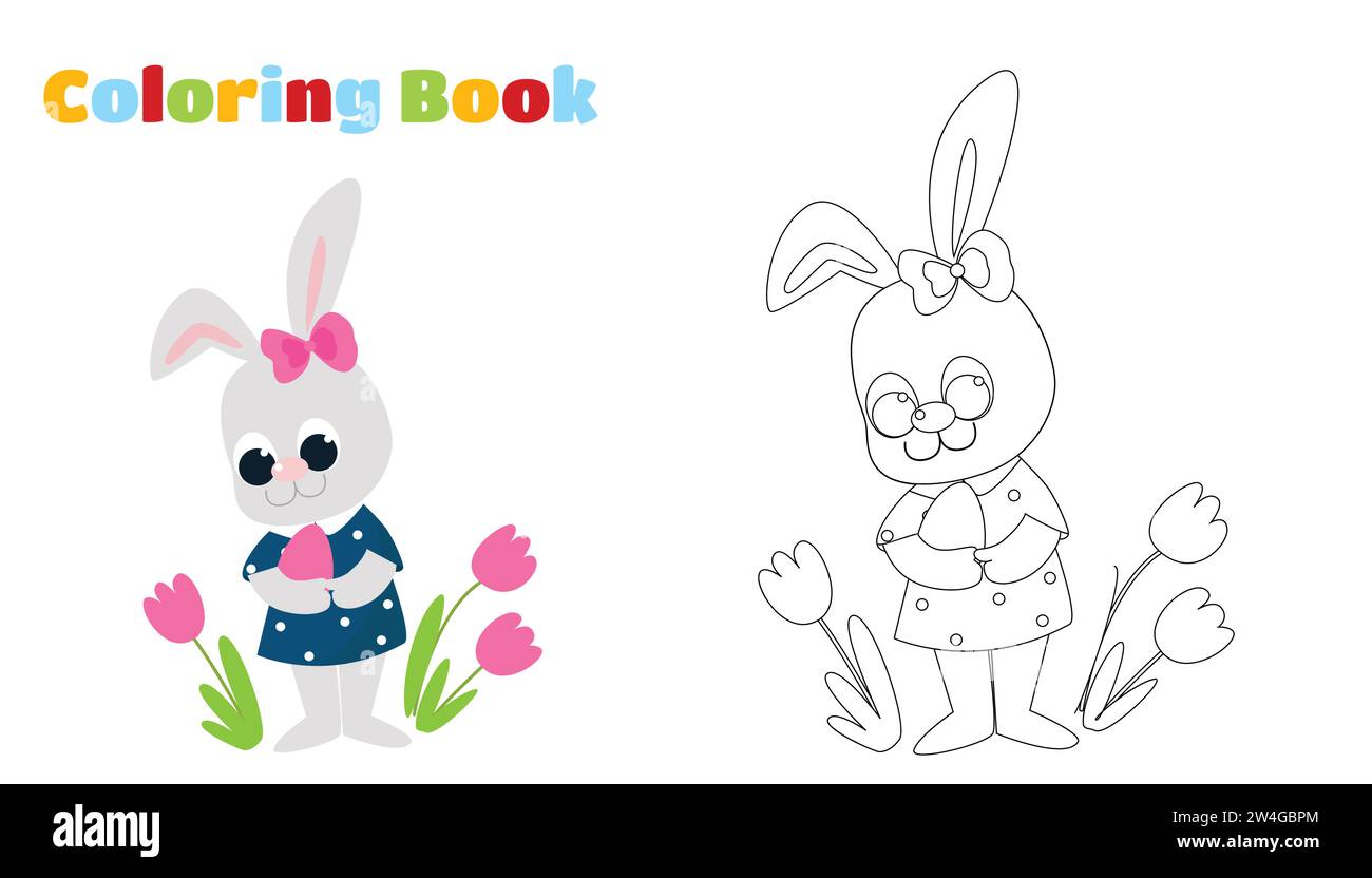 Ausmalseite. Ein sehr süßes Kaninchen steht neben Blumen und hält ein farbiges Ei in der Hand. Charaktere im Cartoon-Stil für Ostern. Der Osterhase Stock Vektor