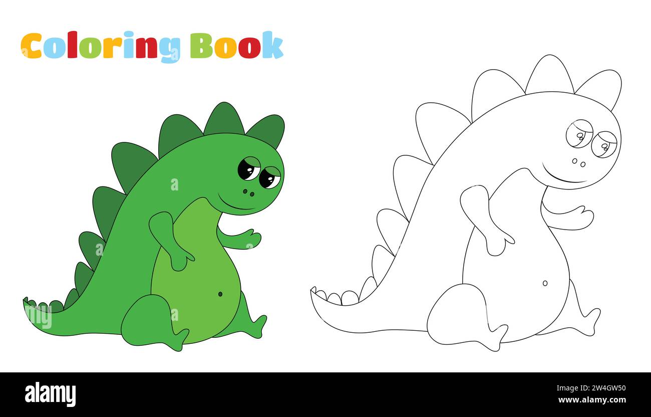 Ausmalseite. Süßer grüner Cartoon-Dinosaurier. Stock Vektor