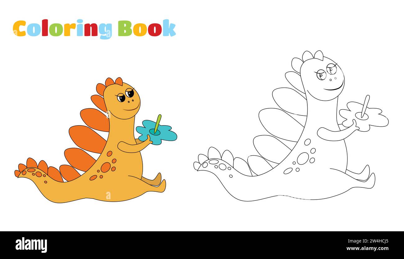 Ausmalseite. Süßer, bezaubernder orangener Dinosaurier. Prähistorische Figur im kindlichen Zeichentrickstil sitzt und hält eine Blume in den Händen. Stock Vektor