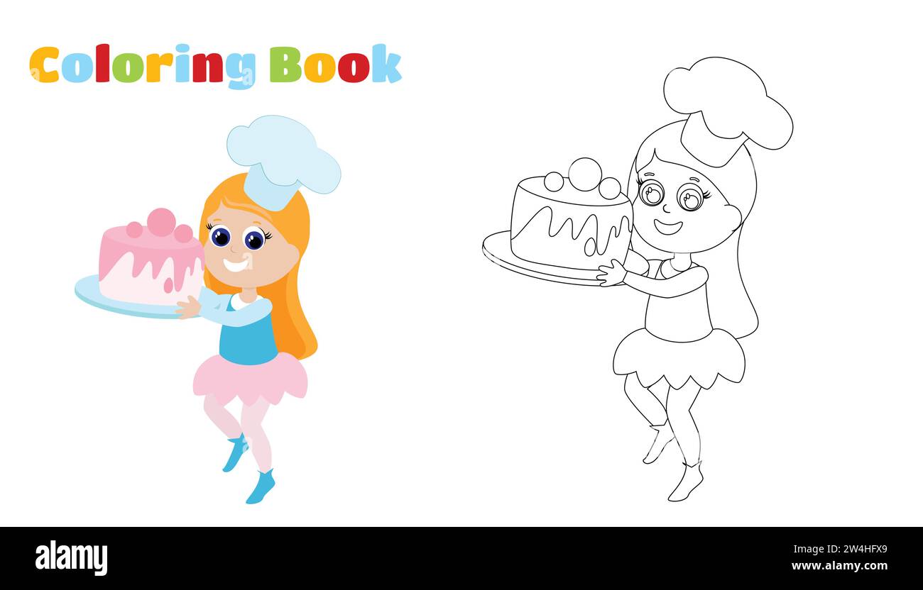 Ausmalseite. Das kleine süße Mädchen hält einen riesigen Kuchen mit Sahne in den Händen. Das Kind ist glücklich und trägt einen Kochmütze. Charakterdesign. Stock Vektor