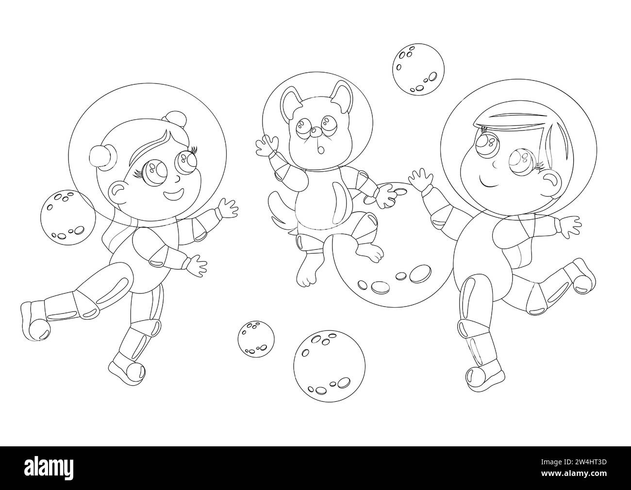Ausmalseite. Zwei Mädchen mit großen Augen und einem Hund tragen einen Astronautenanzug und einen Helm. Kinder sind glücklich und fliegen im Weltraum. Cartoon-Stall Stock Vektor