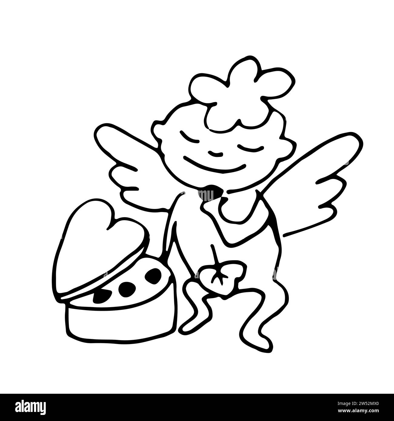 Doodle Little Cupid sitzt vor einer herzförmigen Schachtel Pralinen und isst sie. Isolierte humorvolle Illustration auf weißem Hintergrund für Valentinstag Stock Vektor