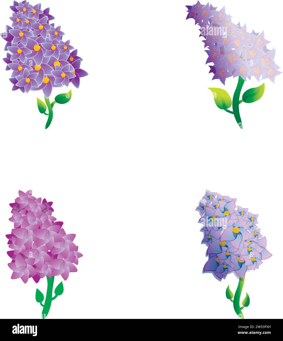 Fliederblüten-Ikonen setzen Cartoon-Vektor. Bunt blühender Fliederzweig. Syringa, Frühlingsblume Stock Vektor