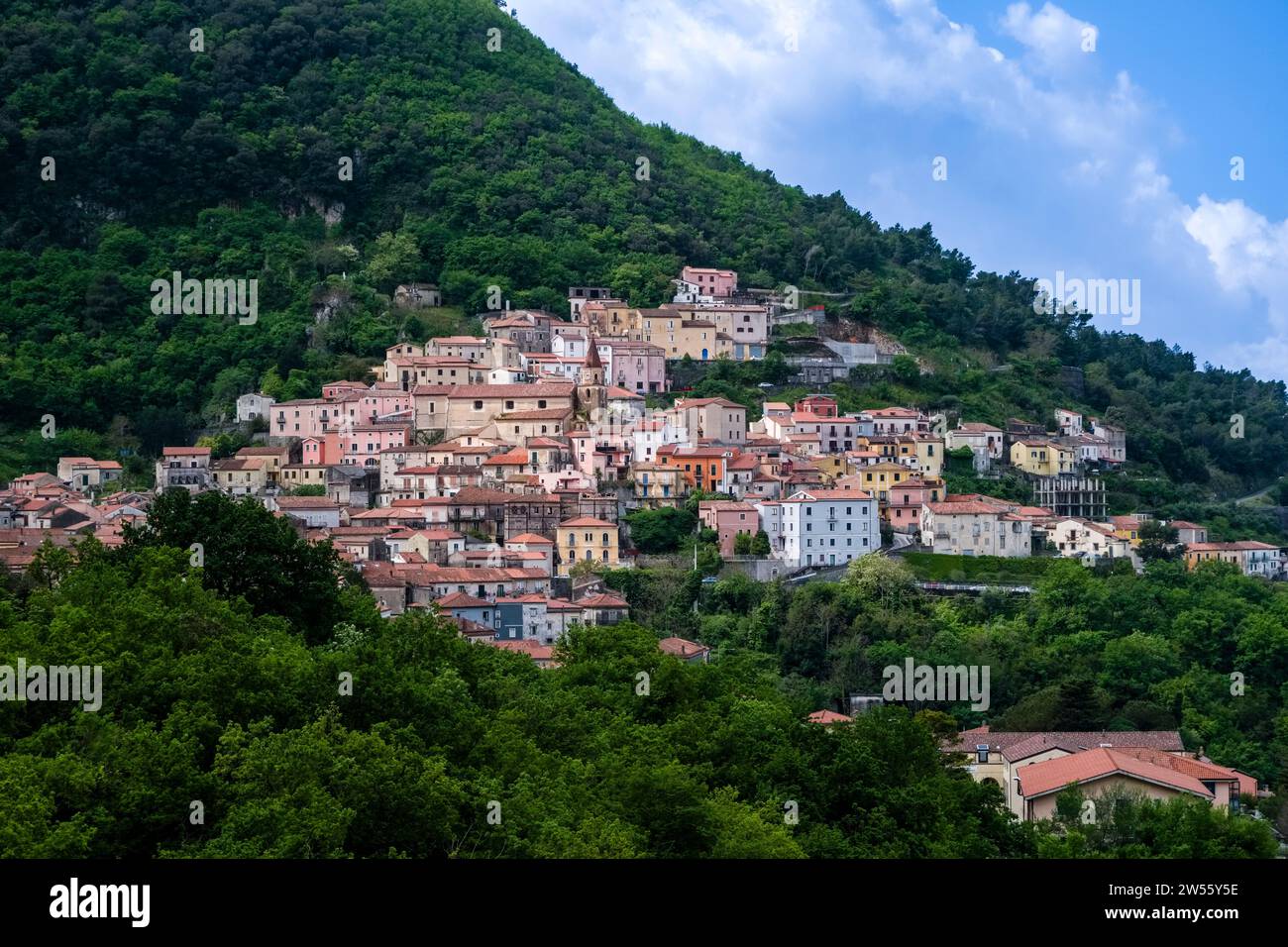 Die Häuser der kleinen Stadt Trecchina, am Hang eines bewaldeten Hügels gelegen. Stockfoto