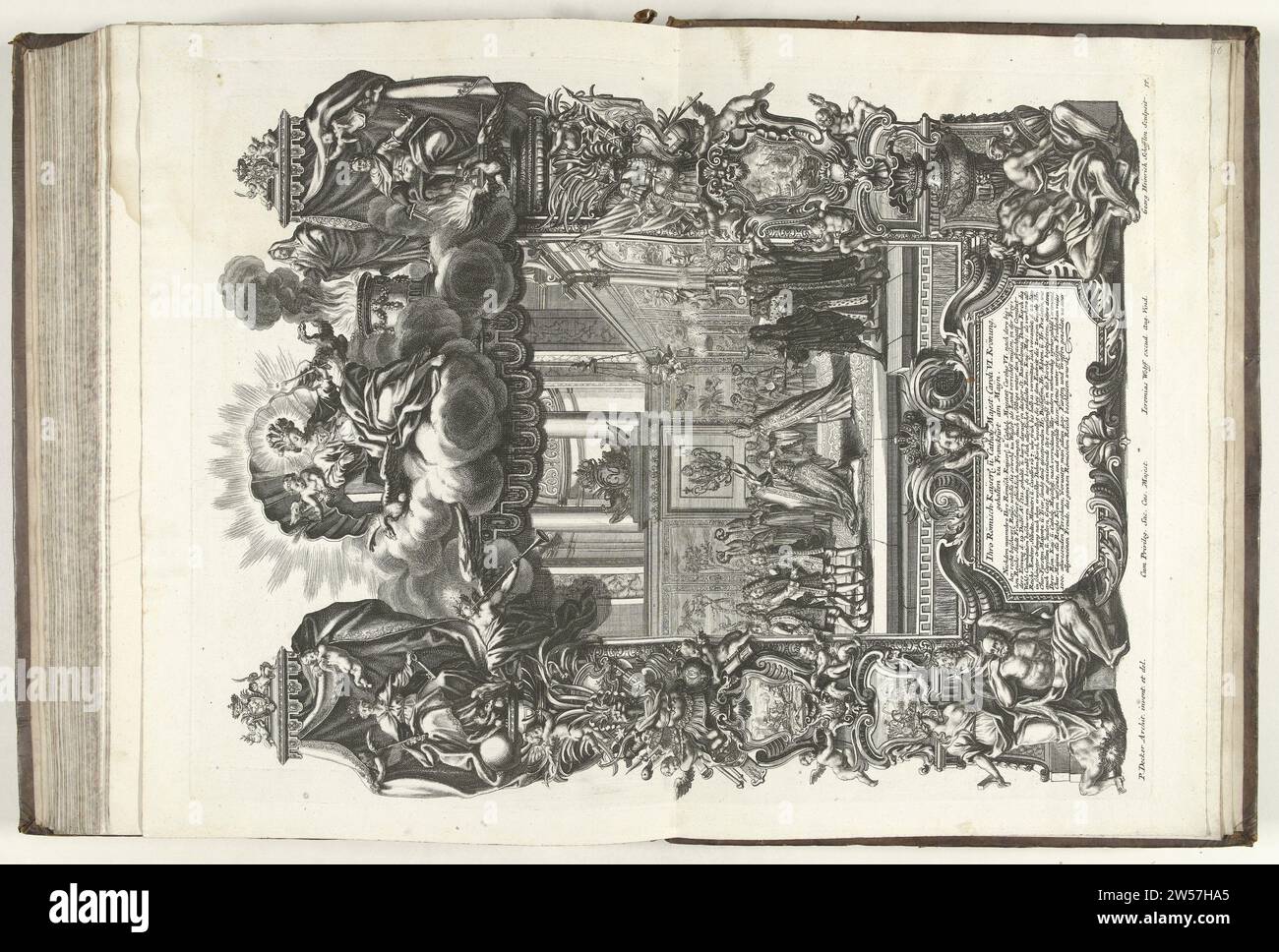 Korpent von Karl III. An Keizer Karl VI., 1711, 1712 – 1715 Krönung von König Karl III. Von Spanien (Erzherzog Karl von Österreich) an deutschen Kaiser Karl VI., 22. Dezember 1711. Die zentrale Darstellung der Krönung in einem sehr reich verzierten Zierrahmen mit Waffentrophäen und allegorischen Figuren. Unten eine Kartusche mit der Beschreibung der Ereignisse in deutscher Sprache. Blatt in der gebundenen Sammlung von Platten veröffentlicht unter dem Titel: Repraossentatio Belli ... Der spanischen Erbfolge Krieg [ca. 1720]. Augsburger Papiergravur Frankfurt am Main Coronati Stockfoto