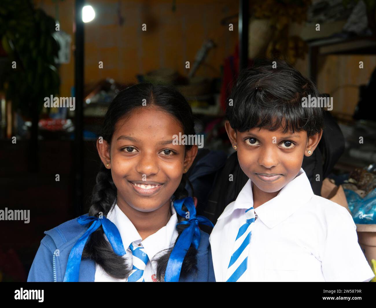 Singhalesische Schulmädchen mit weiß-blauer Kleidung, Krawatten, Zöpfen mit blauen Bändern, Sri Lanka Stockfoto