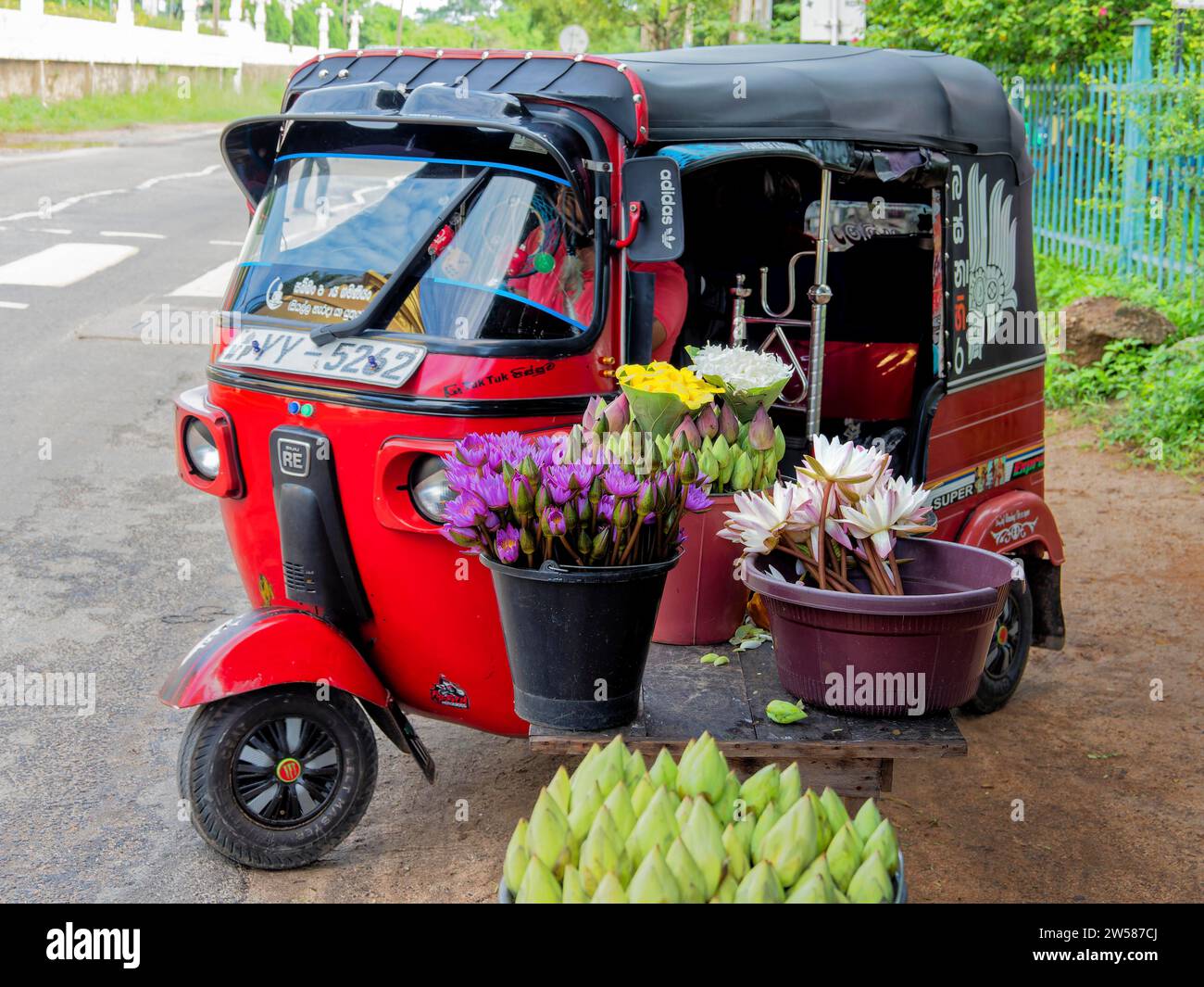 Blumen vor einem roten Tuktuk-Taxi, Sri Lanka Stockfoto