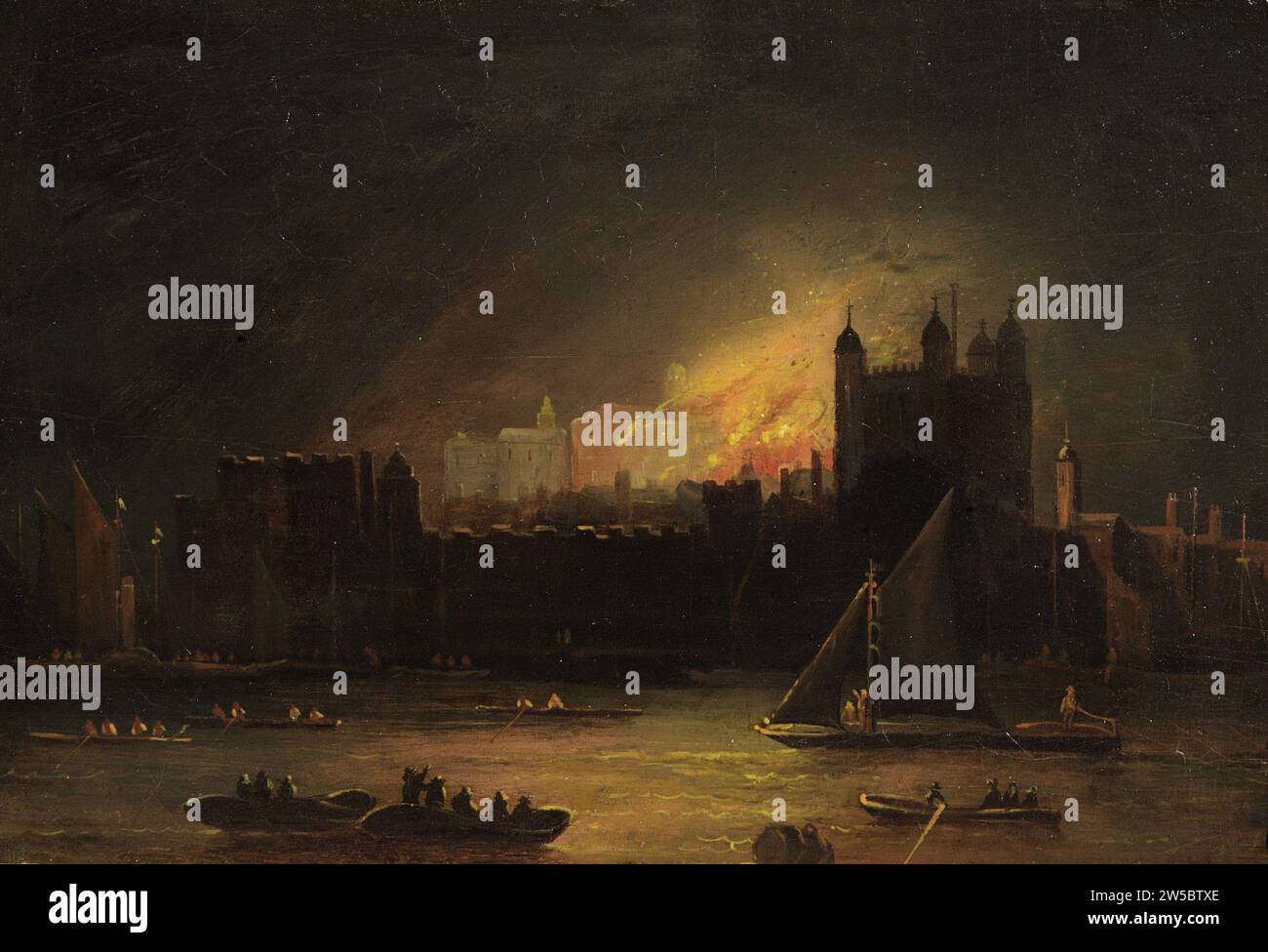 Ölgemälde auf der Tafel des Feuers von 1841 im Tower of London, vom Südufer der Themse, Mitte des 19. Jahrhunderts, Großbritannien Stockfoto