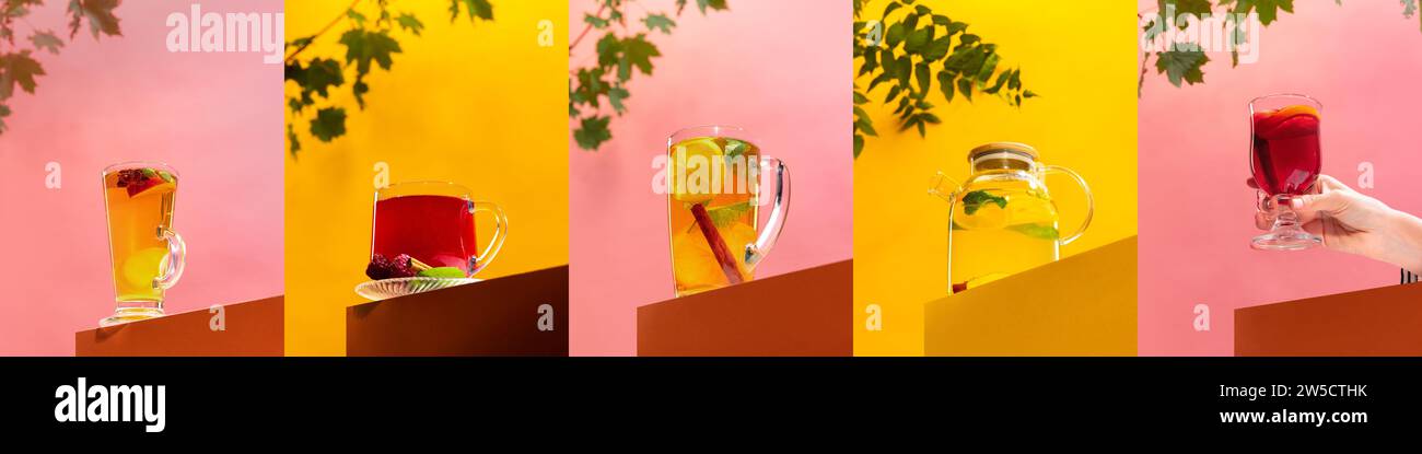 Collage. Aus Nahaufnahmen mit heißen, süßen und wärmenden Getränken steht am Rand des Tisches vor rosa und gelbem Hintergrund. Stockfoto
