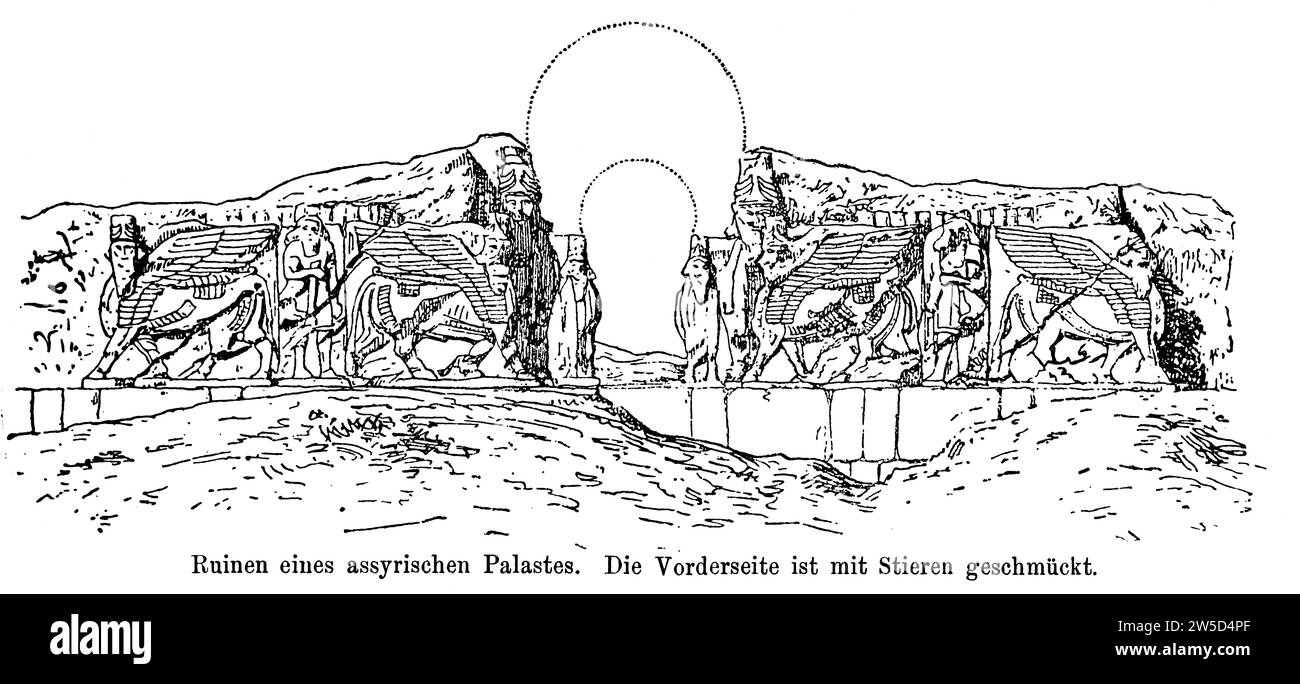 Ruine eines assyrischen Palastes, Vorderseite mit Stieren dekoriert, Kirubi, Tier mit menschlichen Köpfen, stehende Menschen, Fragmente, unvollständig, Antike Stockfoto