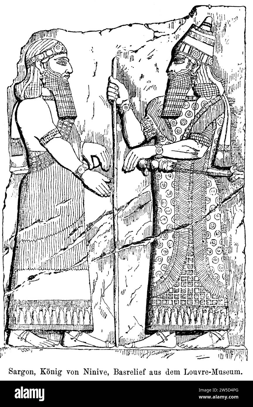 Sargon, König von Ninve, Tigris, Mesopotamien, Assyrien, Buch Moses, Bibel, Salmanassar, 6. Jahrhundert v. Chr., festliche Kleidung, Antike, historisch Stockfoto