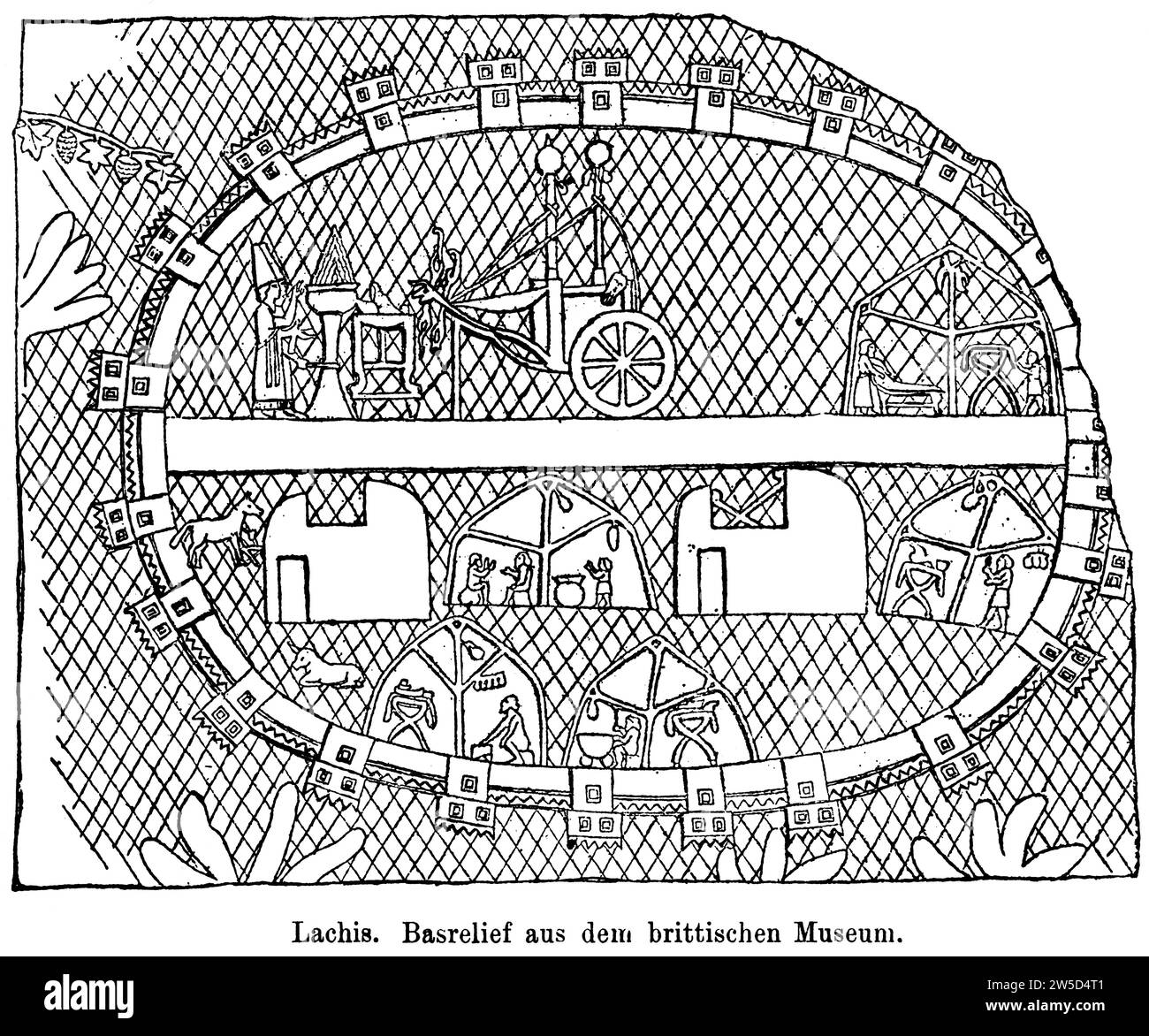 Lachis, Juda, Kanaitenstadt, Palästina, Basrelief, Eroberung durch Sanherib, König von Assyrien, Festung, Stadtmauer, Wehrtürme, Häuser Stockfoto