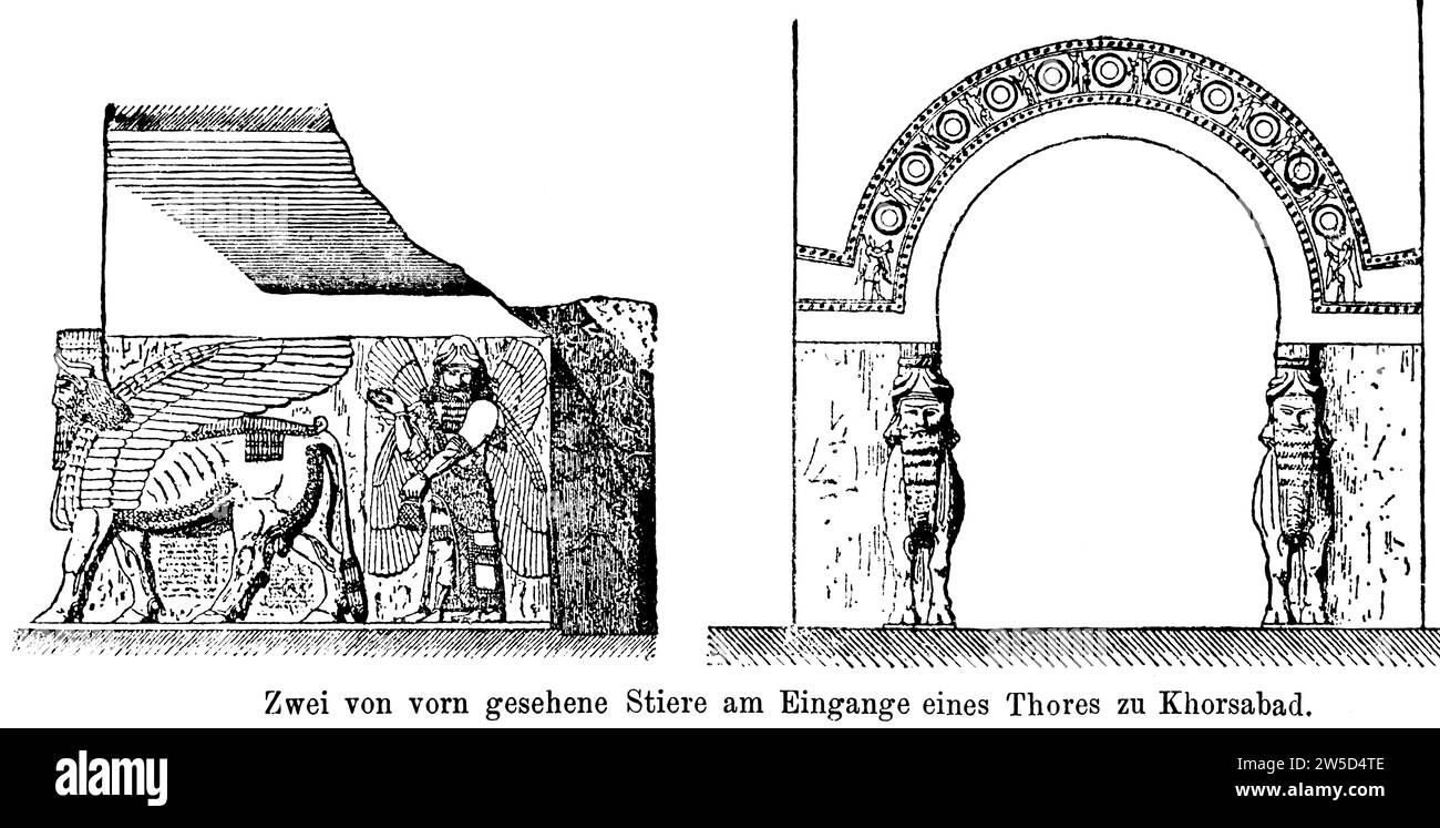 Zwei Stiere am Eingang eines Tores nach Chorsabad, Assyrien, Palast, von vorne, Bogen, Menschen, Ornamente, Antike, historische Illustration Stockfoto