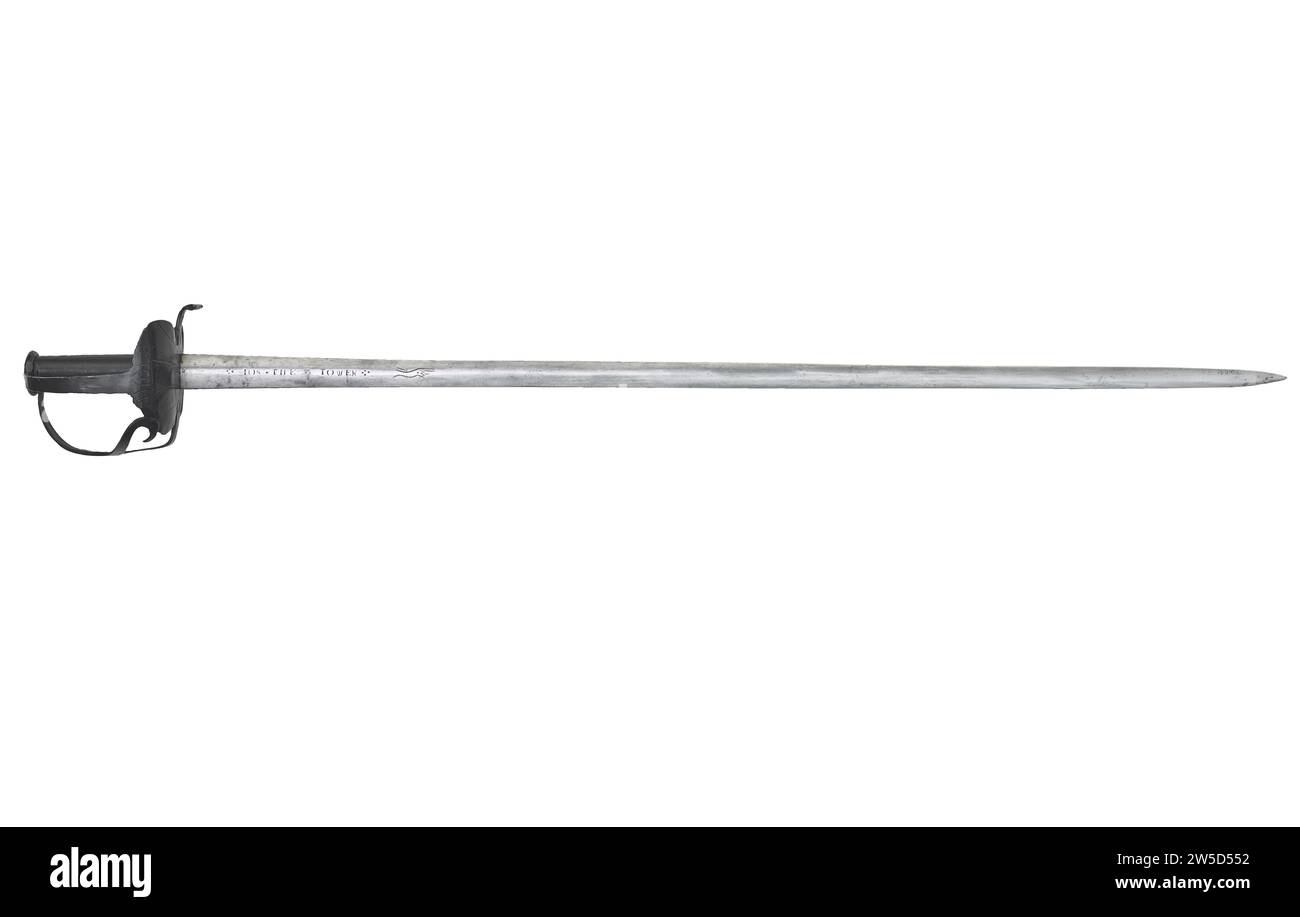 Zweischneidiges Munitionsschwert mit der Aufschrift FÜR DEN TURM auf der Klinge. Mitte des 17. Jahrhunderts Stockfoto