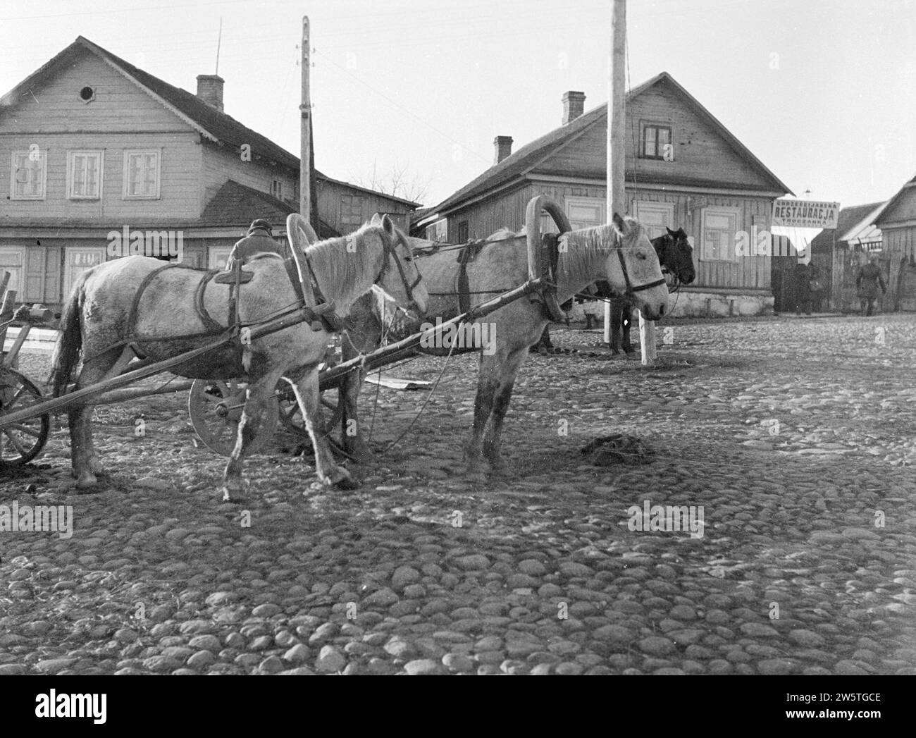 Novy Troky (Trakai). Zwei Pferde, jedes vor einem Wagen, mit Holzhäusern im Hintergrund. Ein Restaurant befindet sich im rechten Haus ca. 1934 Stockfoto