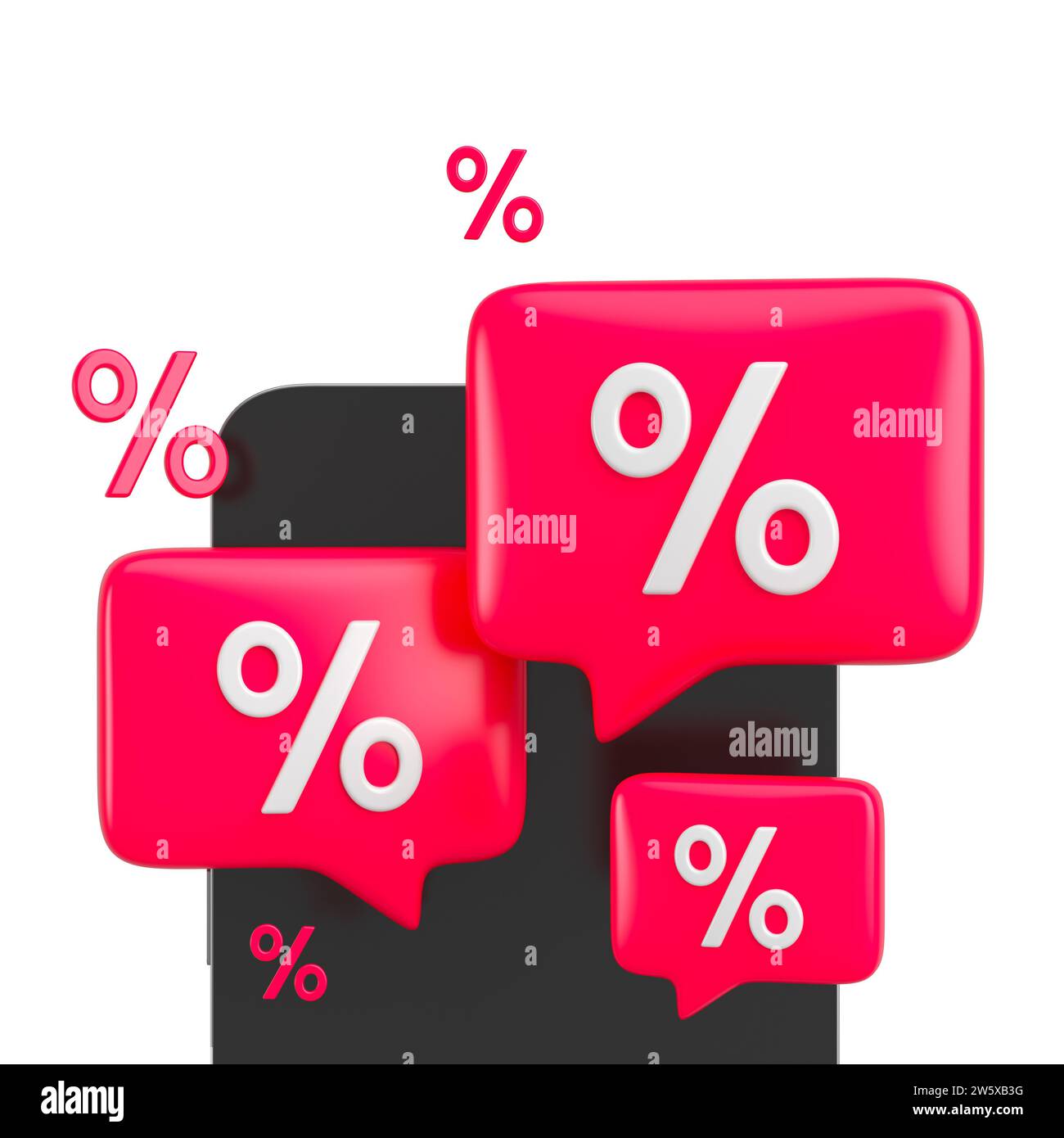Werbeblase für prozentuales Angebot auf schwarzem Smartphone-Bildschirm. Mobiltelefon mit rotem Rabattsymbol für Verkauf und Shopping Online-Konzept. 3D Stockfoto