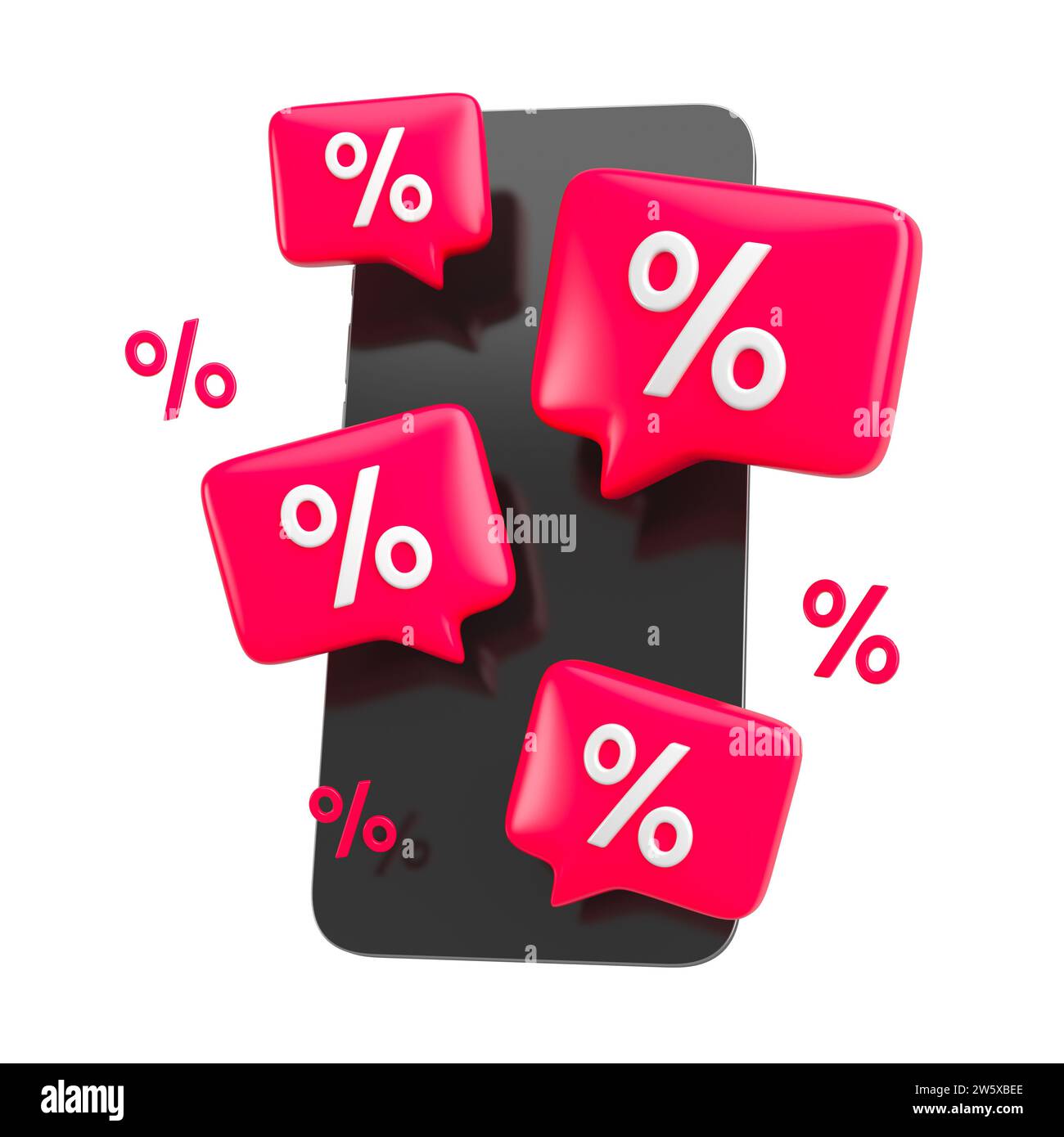 Werbeblase für prozentuales Angebot auf dem Smartphone-Bildschirm. Mobiltelefon mit rotem Rabattsymbol für Verkauf und Shopping Online-Konzept. 3D-rendering Stockfoto